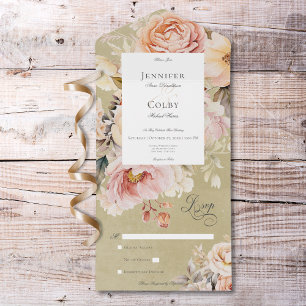 Rustiek Romantisch Roze & Blush Rozen Groen Geen D All In One Uitnodiging
