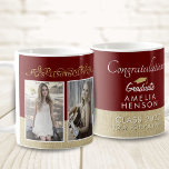 Rustiek Rood Afstuderen 2 Foto Afstuderen Koffiemok<br><div class="desc">Elegante rustieke rode felicitaties Afstuderen 2 foto Afstuderen koffie Mok. Elegant gouden ornament, rustieke beige en donkerrode achtergrond. Personaliseer met de naam van de afstuderen, het jaar van de klas, de naam van de school en voeg 2 afstuderen foto's toe - u kunt oude en nieuwe foto's gebruiken. Maak een...</div>