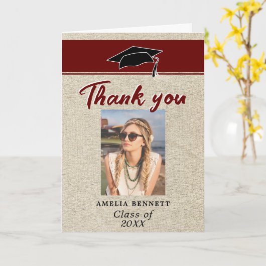 Rustiek Rood Afstuderen Pet Afstuderen Foto Dank u Kaart (Gele Bloem)