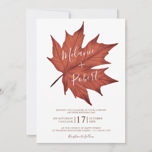Rustiek rood bruin esdoornblad eenvoudig bruiloft  kaart (Voorkant)
