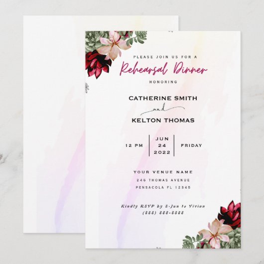 Rustiek Rood Elegant Bloemen Repetitie Diner Kaart (Voorkant / Achterkant)