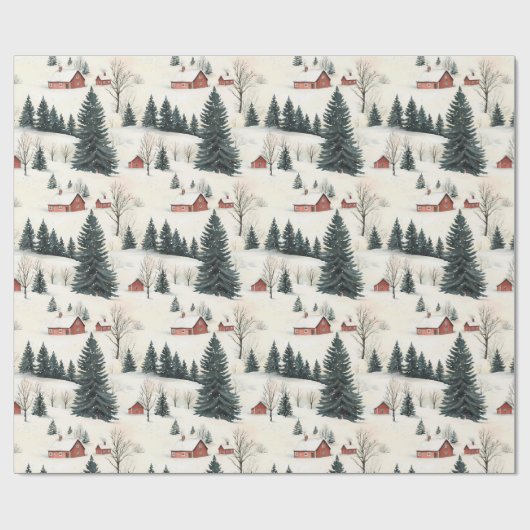 Rustiek rood en wit besneeuwd dorp cadeaupapier (Vlak)