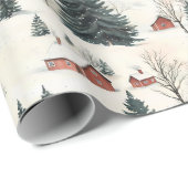 Rustiek rood en wit besneeuwd dorp cadeaupapier (Rol Hoek)