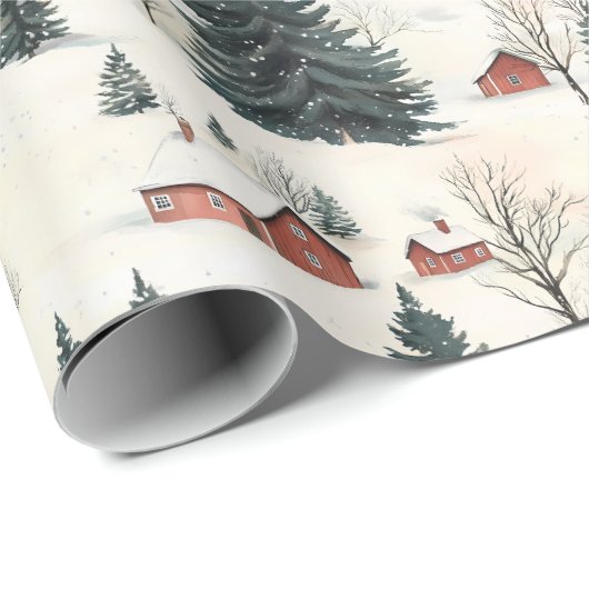 Rustiek rood en wit besneeuwd dorp cadeaupapier (Rol Hoek)