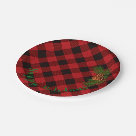 Rustiek Rood en Zwart plaid - dennenappels Papieren Bordje (Gekanteld)