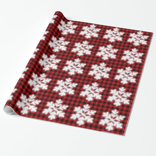 Rustiek rood en zwart plaid met sneeuwvlok detail cadeaupapier (Uitgerold)
