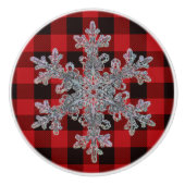 Rustiek rood en zwart plaid met sneeuwvlok keramische knop (Voorkant)