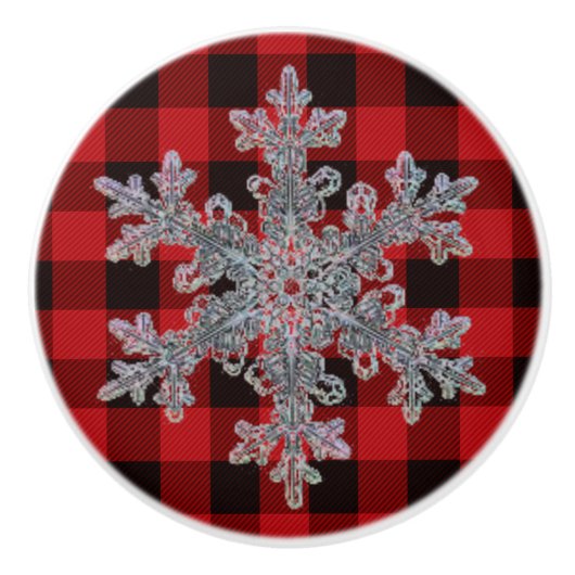 Rustiek rood en zwart plaid met sneeuwvlok keramische knop (Voorkant)