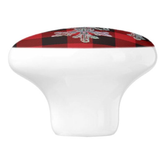 Rustiek rood en zwart plaid met sneeuwvlok keramische knop (Zijkant)