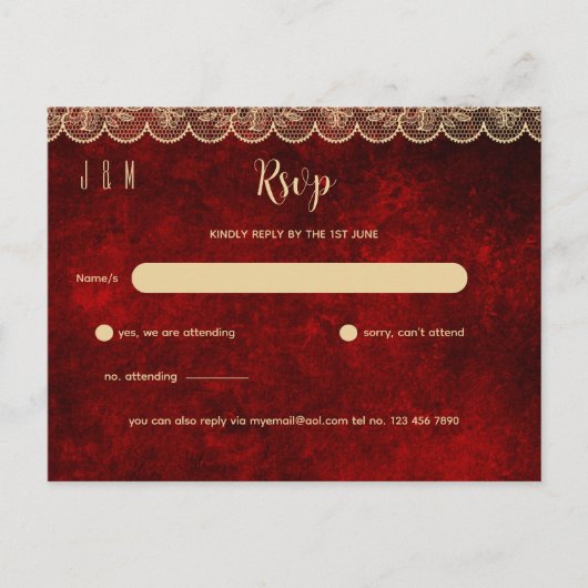 Rustiek Rood Goud Kant Bruiloft RSVP Voor Matching Briefkaart (Voorkant)