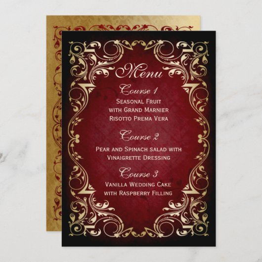 Rustiek Rood Goud Koninklijk Trouwmenu Menu (Voorkant / Achterkant)