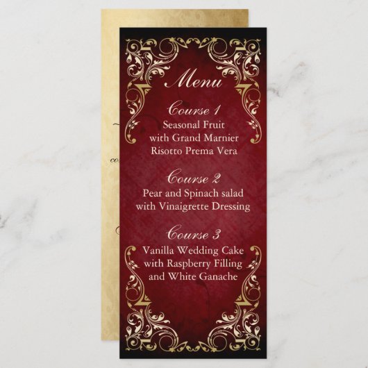 Rustiek Rood Goud Koninklijk Trouwmenu Menu (Voorkant / Achterkant)