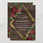 Rustiek Rood Goud Poinsettia Bloemen Hout Huwelijk Kaart (Voorkant / Achterkant)
