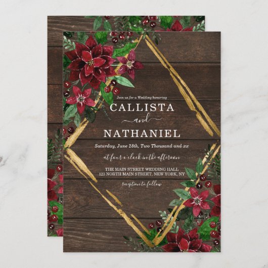 Rustiek Rood Goud Poinsettia Bloemen Hout Huwelijk Kaart (Voorkant / Achterkant)