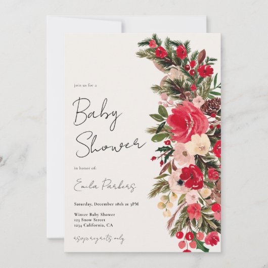 Rustiek Rood groen Bloemen Winter baby shower Kaart (Voorkant)