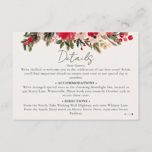 Rustiek Rood groen Bloemen Winter Bruiloft details Informatiekaartje (Voorkant)