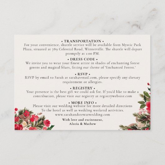 Rustiek Rood groen Bloemen Winter Bruiloft details Informatiekaartje (Achterkant)