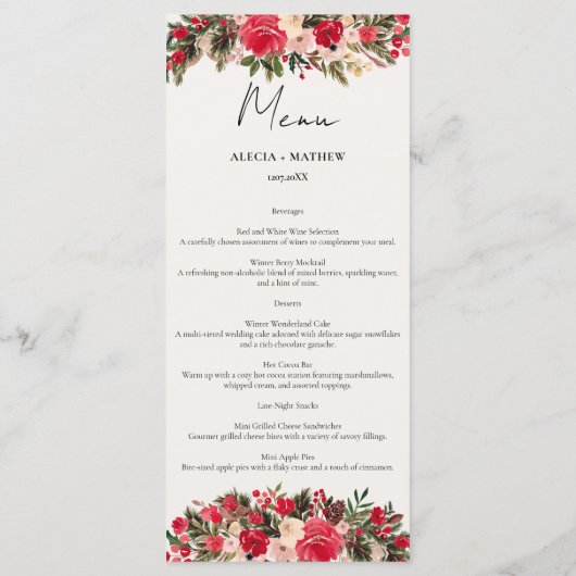 Rustiek Rood groen Bloemen Winter Bruiloft Menu (Achterkant)