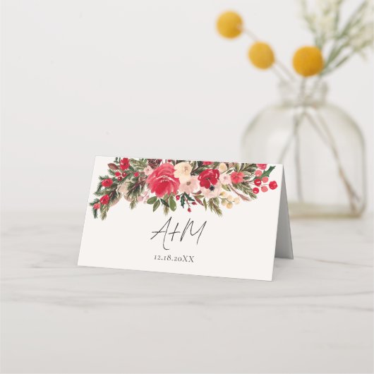 Rustiek Rood groen Bloemen Winter Bruiloft Plaatskaartje (Achterkant)