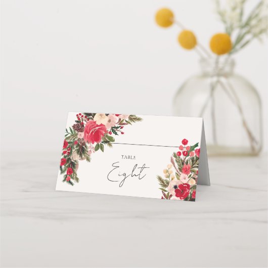 Rustiek Rood groen Bloemen Winter Bruiloft Plaatskaartje (Voorkant)