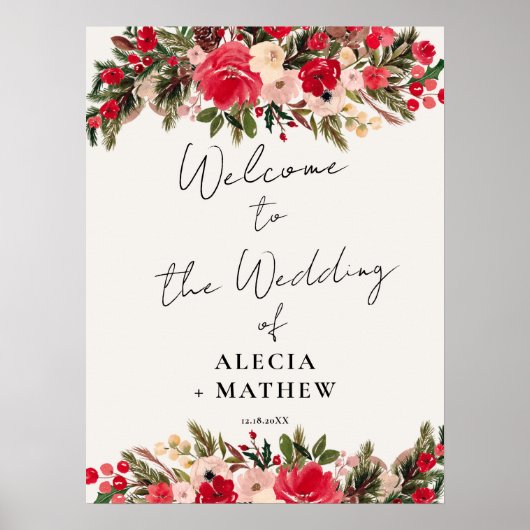 Rustiek Rood groen Bloemen Winter Bruiloft Welkom Poster (Voorkant)