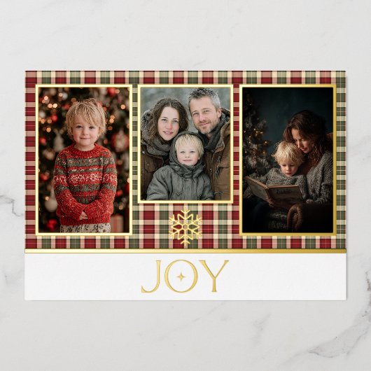 Rustiek rood & groen geplakt Christmas Joy Foto Folie Feestdagenkaart (Voorkant)