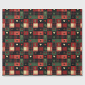 Rustiek rood groen geplakt harten kerstvakantie cadeaupapier (Vlak)