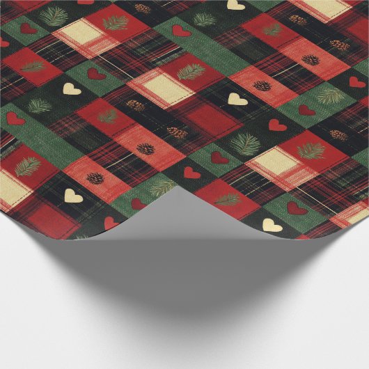 Rustiek rood groen geplakt harten kerstvakantie cadeaupapier (Hoek)