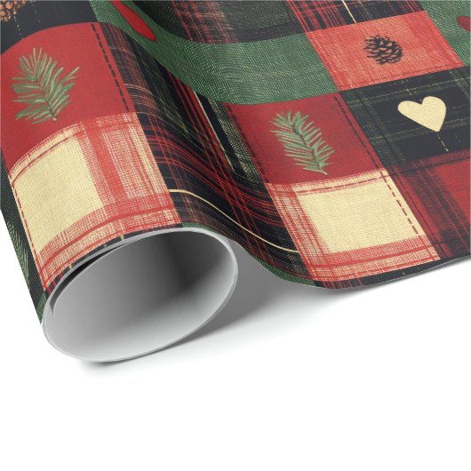 Rustiek rood groen geplakt harten kerstvakantie cadeaupapier (Rol Hoek)