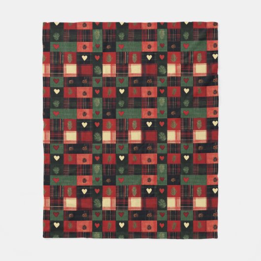 Rustiek rood groen geplakt harten kerstvakantie fleece deken (Voorkant)