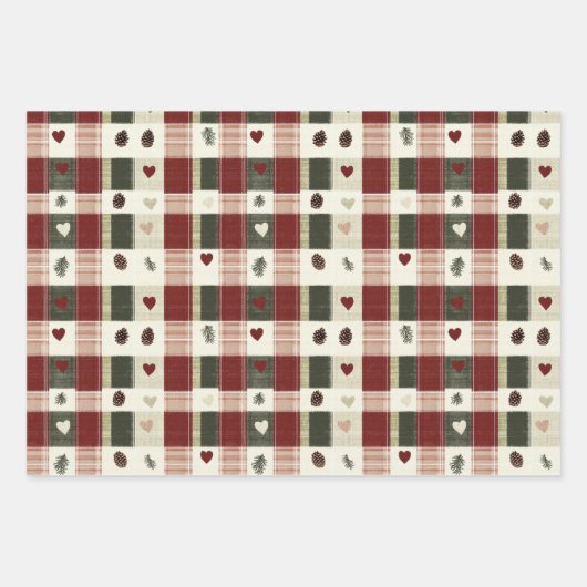 Rustiek rood groen geplakt harten kerstvakantie inpakpapier vel (Voorkant 3)