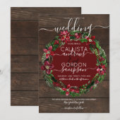 Rustiek Rood Groen Holly Bloemen Krans Hout Huweli Kaart (Voorkant / Achterkant)