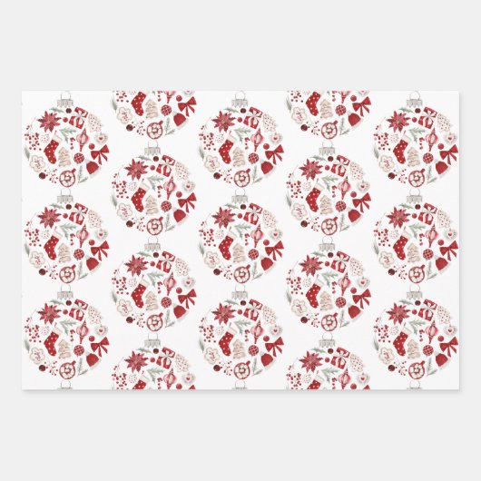 Rustiek Rood Groen Vrolijk Kerstmis Ornament Inpakpapier Vel (Voorkant)