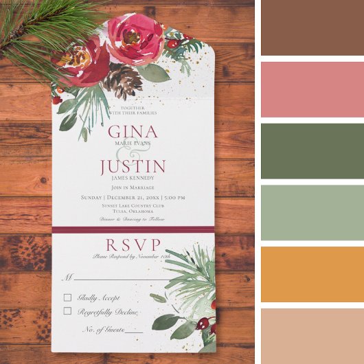 Rustiek Rood & Groen Winter Pijn Bloemendiner All In One Uitnodiging