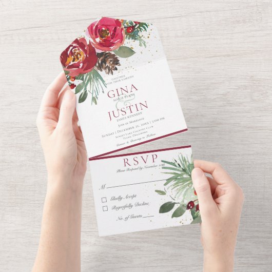 Rustiek Rood & Groen Winter Pijn Bloemendiner All In One Uitnodiging (Afscheurbaar)