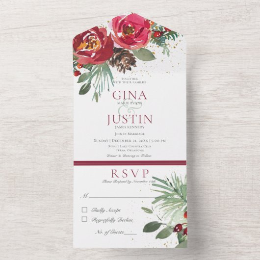 Rustiek Rood & Groen Winter Pijn Bloemendiner All In One Uitnodiging (Binnen)