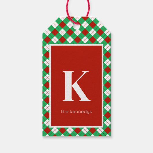 Rustiek Rood Groen & Wit geruite Monogram Cadeaulabel (Voorkant)