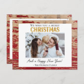 Rustiek Rood Hout Custom Foto Kerst Briefkaart (Voorkant / Achterkant)