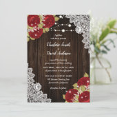Rustiek Rood Hout Kant String Lights Wedding Kaart (Staand voorkant)