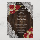 Rustiek Rood Hout Kant String Lights Wedding Kaart (Voorkant / Achterkant)