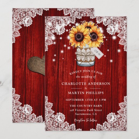 Rustiek Rood Hout Mason Jar Zonnebloem Bruiloft Kaart (Voorkant / Achterkant)