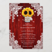 Rustiek Rood Hout Mason Jar Zonnebloem Bruiloft Kaart (Voorkant / Achterkant)