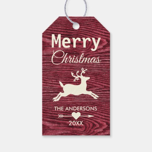 Rustiek Rood Hout Rendier Vrolijk Kerstfeest Cadeaulabel (Voorkant)