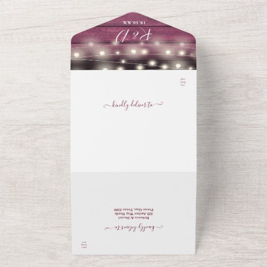 Rustiek Rood Hout Strijklichten Bloemen Bruiloft All In One Uitnodiging (Buitenkant)