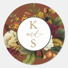 Rustiek Rood |Oranje bloemboeket bruiloft monogram Ronde Sticker