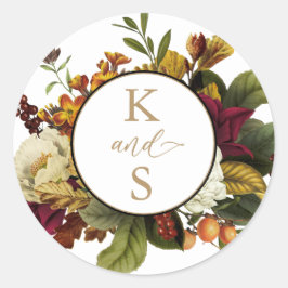 Rustiek Rood |Oranje bloemboeket bruiloft monogram Ronde Sticker