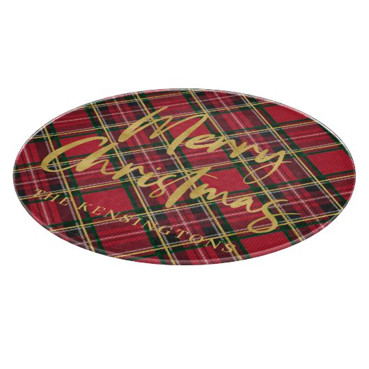 Rustiek Rood Plaid Goud Folie Script Vrolijk Kerst Snijplank (Hoek)