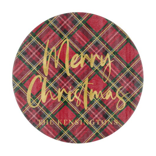 Rustiek Rood Plaid Goud Folie Script Vrolijk Kerst Snijplank (Voorkant)