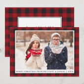 Rustiek Rood Plaid Vrolijk Kerstmis Paar Foto Feestdagenkaart (Voorkant / Achterkant)