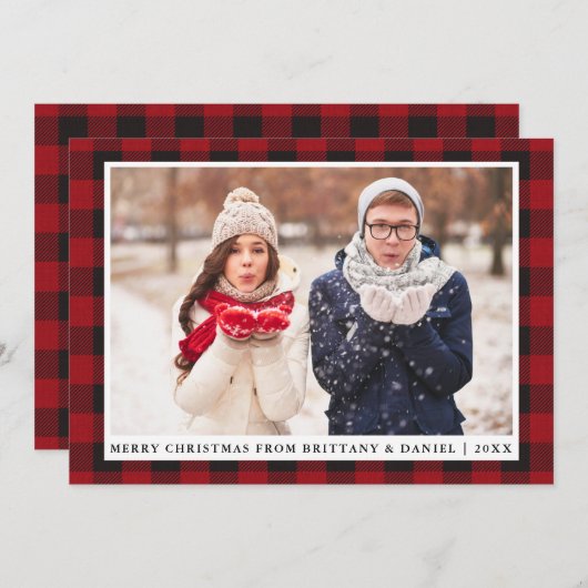 Rustiek Rood Plaid Vrolijk Kerstmis Paar Foto Feestdagenkaart (Voorkant / Achterkant)